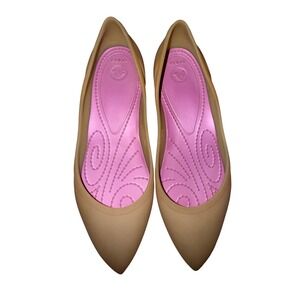 Crocs Rio Pointed Toe Flat 8 Tan Pink Jelly Cutout Comfort Summer Slip On Shoes